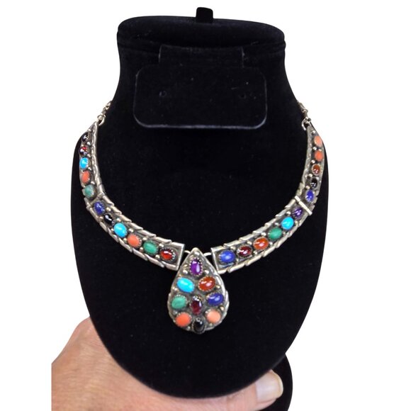 Vintage Native American Necklace Turquoise & Multi Stone Makers Mark Test 925 - Picture 4 of 13